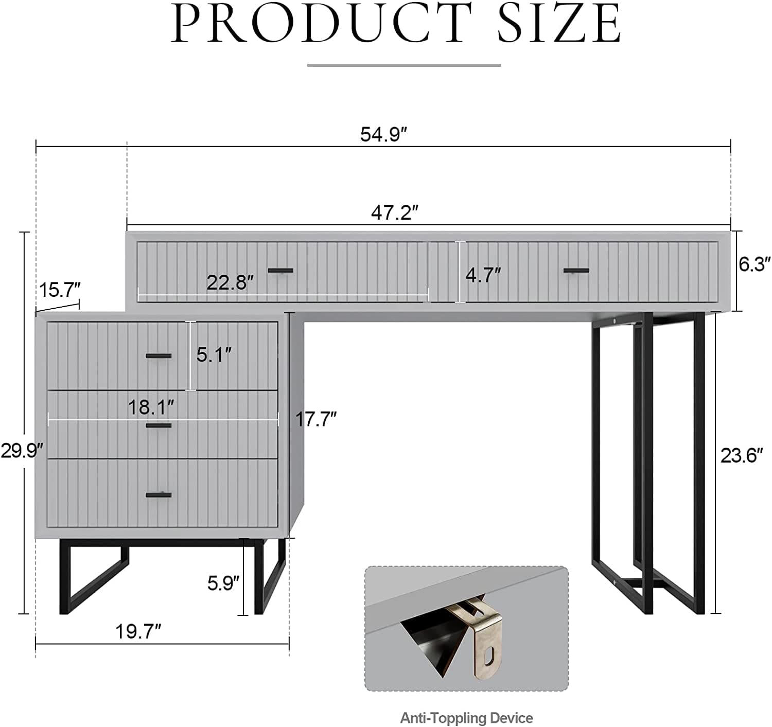 Modern White Vanity Desk – 5-Drawer Adjustable Layout with Side Cabinet