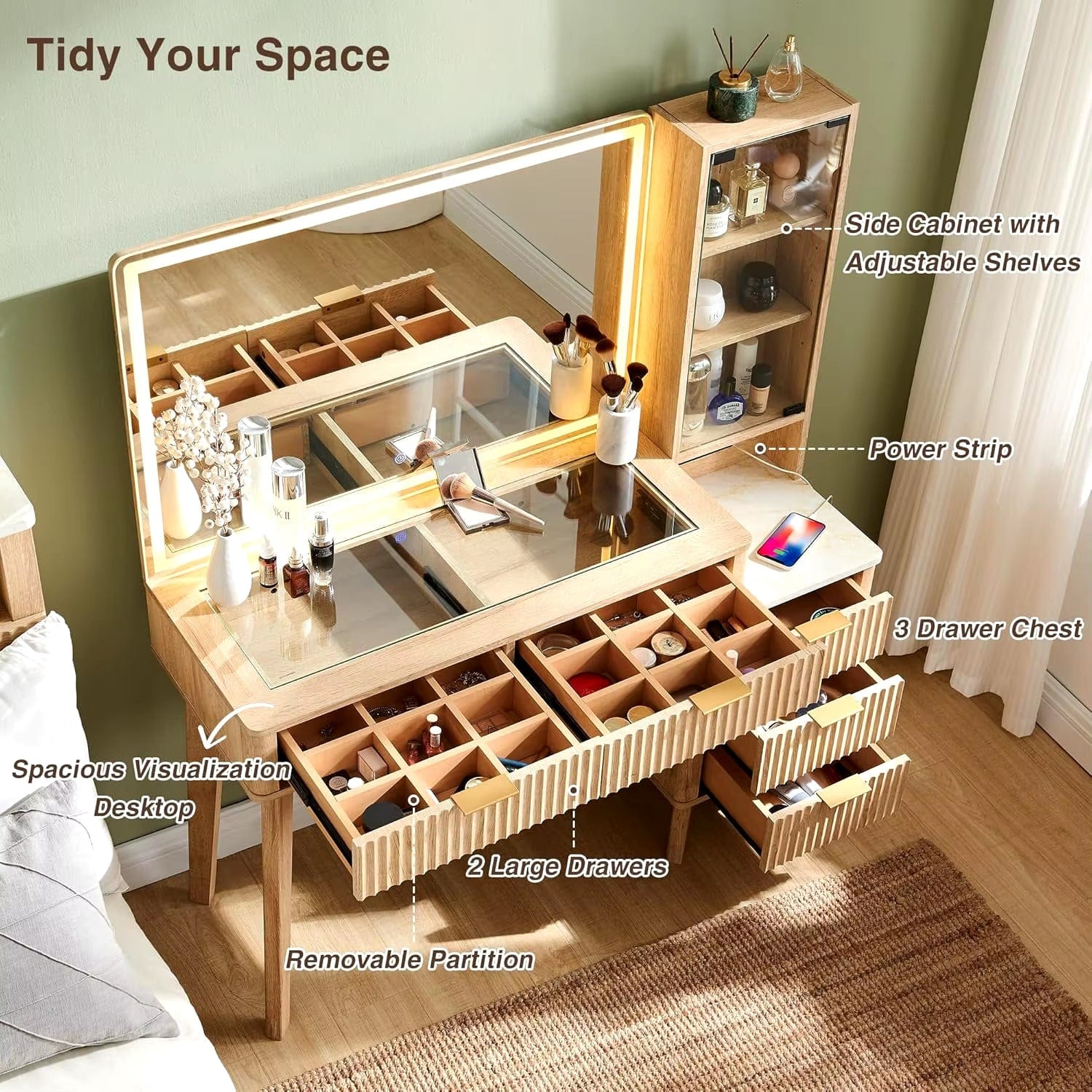 48" Modern Fluted Makeup Vanity Desk with Large 36" Mirror & Lights,